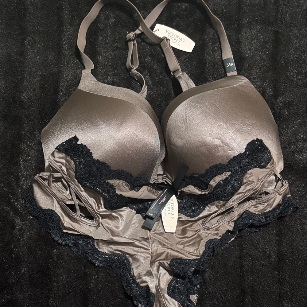 Victoria's Secret Metallic Gray and Black Lace Bra Set